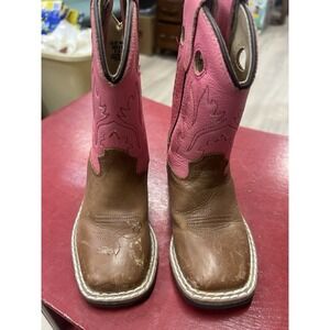 OLD WEST Brown Pink Leather Square Toe Cowboy Boots Children's 7.5